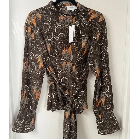 EQUIPMENT Brown Long Sleeve Tie Waist Silk Top Size 12 - Picture 7 of 13
